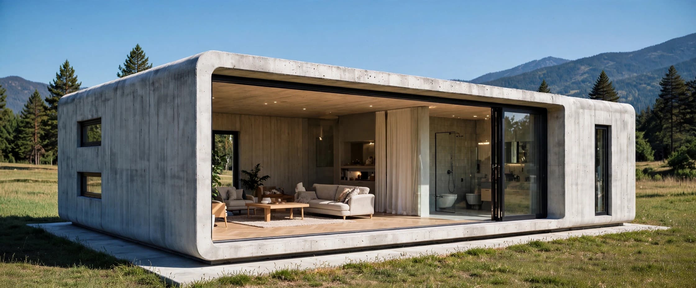 Monolithisches Betonhaus, Front geöffnet zur Alpenwiese