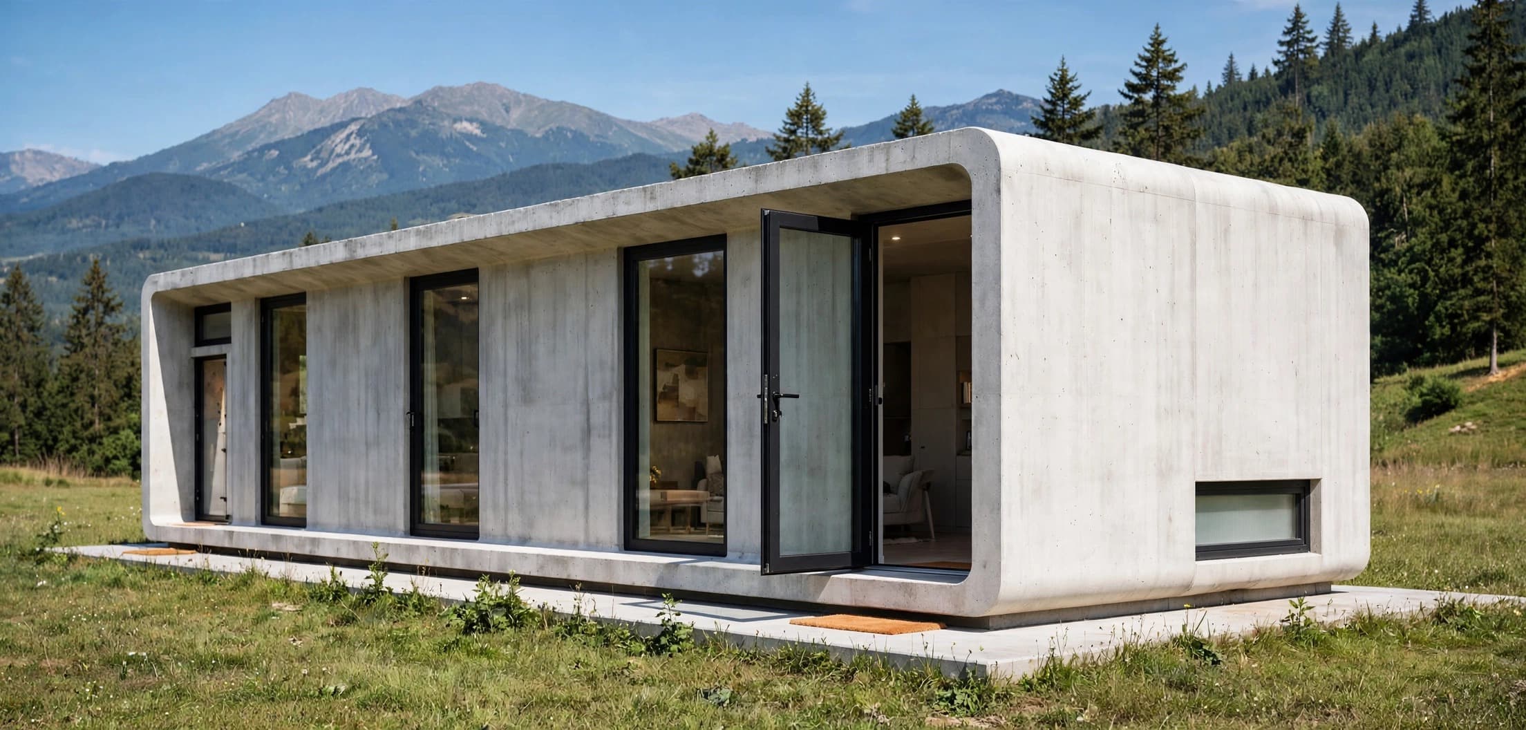 Geschlossene Längsseite aus Sichtbeton